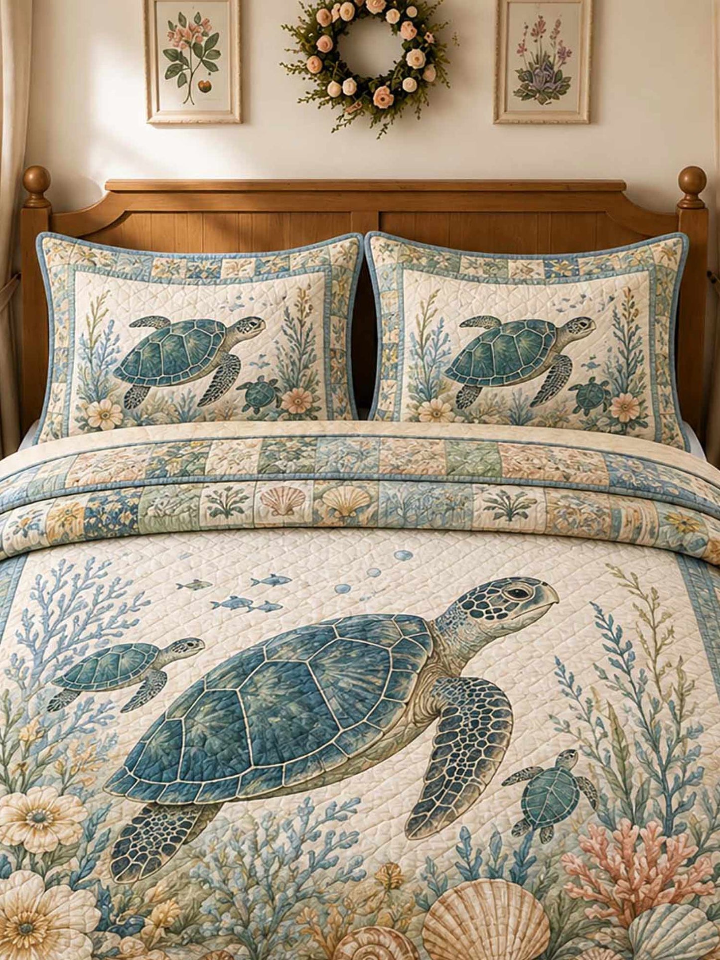 Vintage Ocean Turtle Beach Floral Patchwork 3‐Piece Quilted Bedding Set