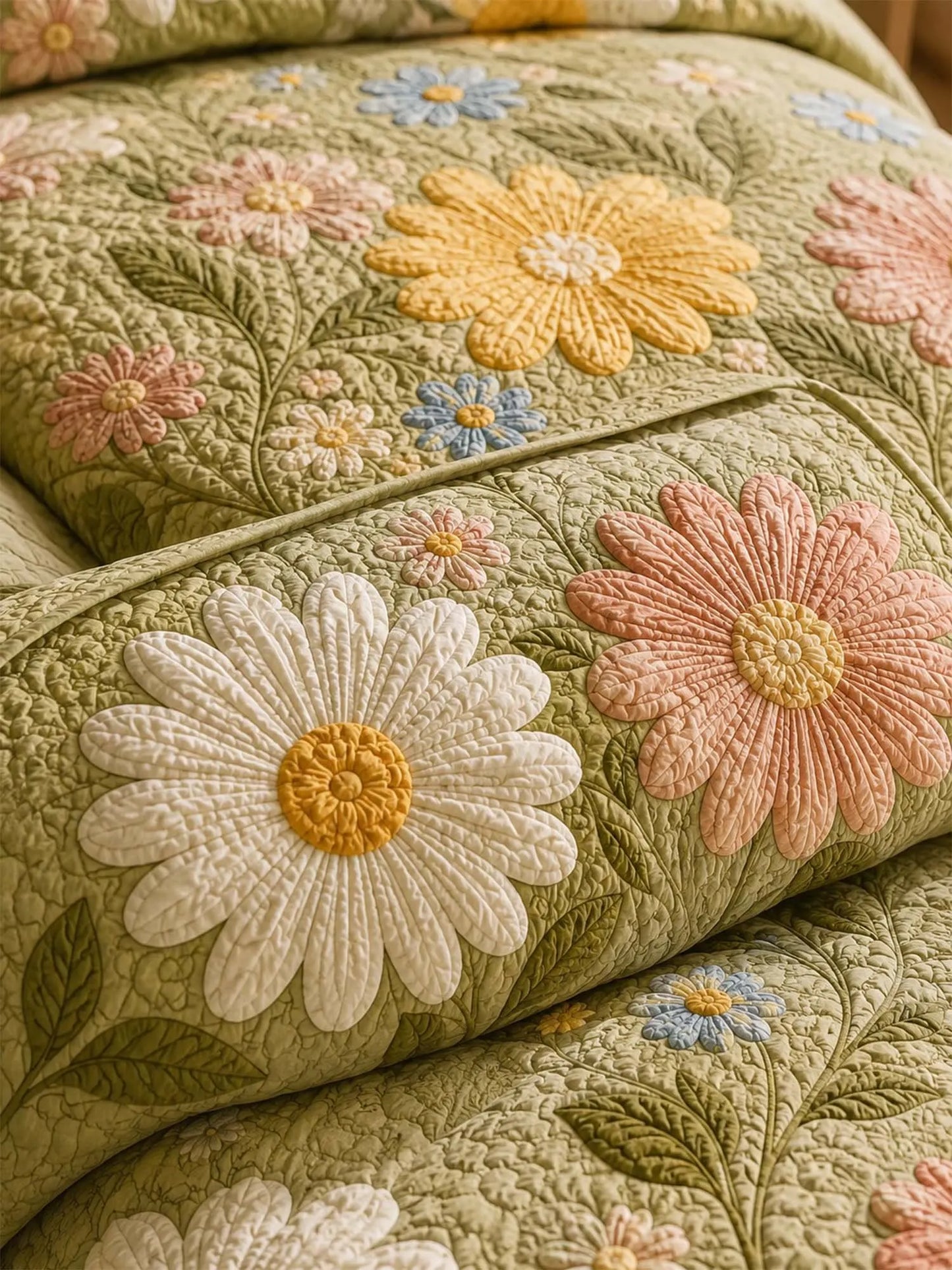 Daisy Floral Quilted 3-Piece Bedding Set – Luxury Quilted Bedding with Matching Pillow Shams