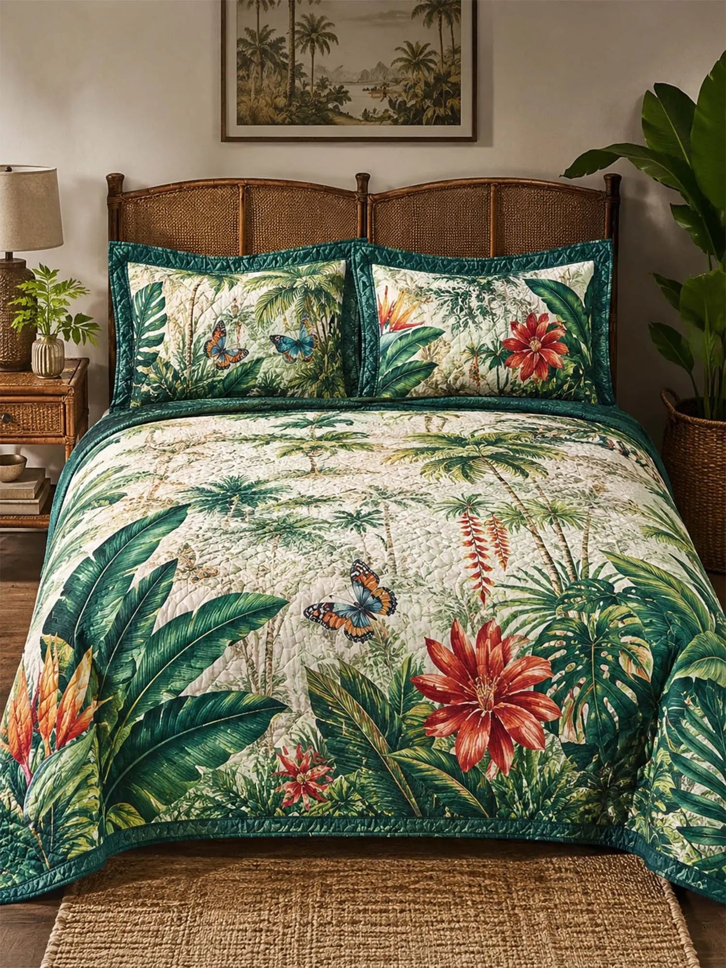 Tropical Botanical Quilted 3-Piece Bedding Set – Luxury Quilted Bedding with Matching Pillow Shams