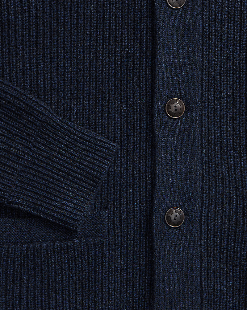 Textured Cashmere Shawl-Collar Cardigan Navy Heather