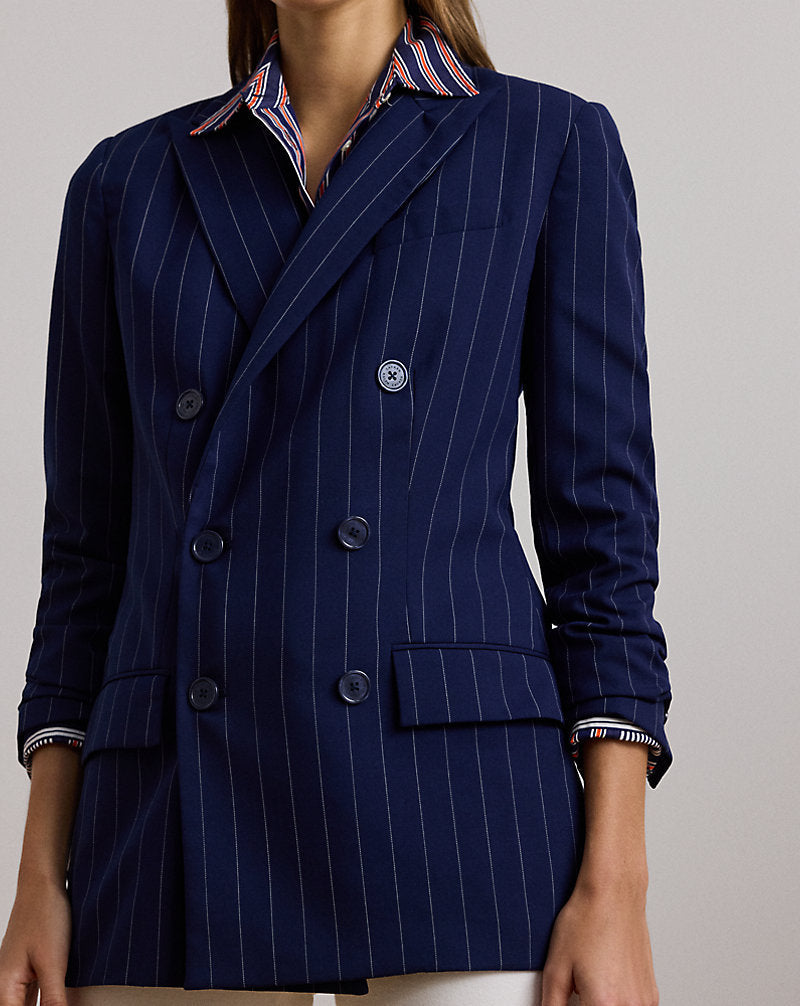 Pinstripe Double-Breasted Twill Blazer Navy/White