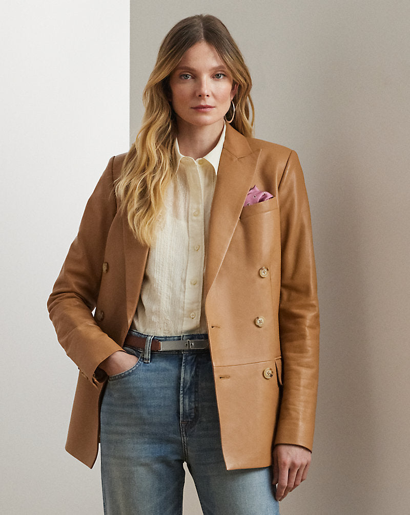 Double-Breasted Lambskin Blazer Caramel