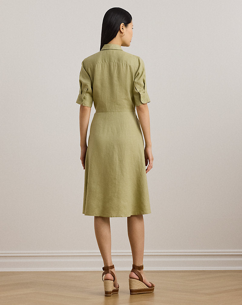 Tie-Front Linen Shirtdress Light Olive