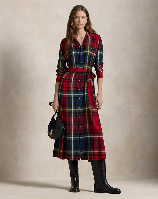 Belted Plaid Cotton-Blend Dress 1799 Red Multi Plaid