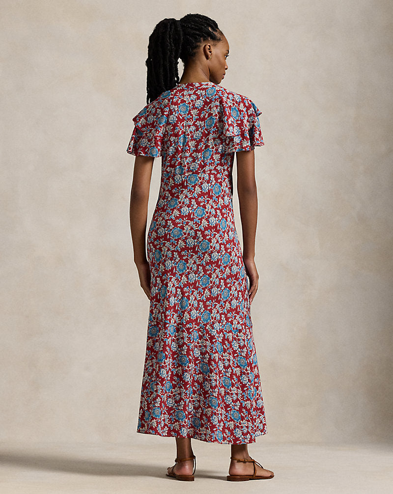 Floral-Print Silk Dress Retro Garden