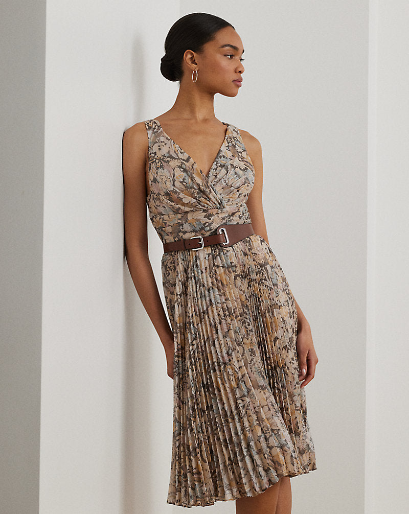 Floral Metallic Chiffon Cocktail Dress Brown Multi