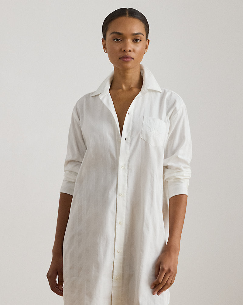 Shadow-Stripe Cotton Sleep Shirt White