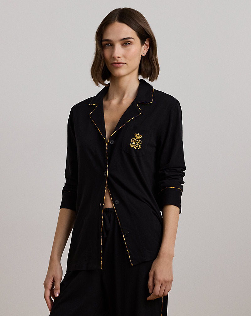 Leopard-Print-Trim Jersey Sleep Set Black