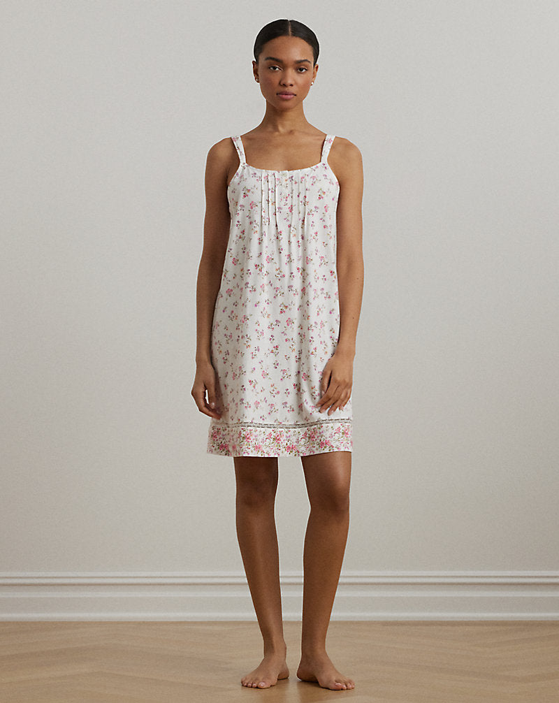 Floral Lace-Trim Jersey Nightgown Ivory Floral