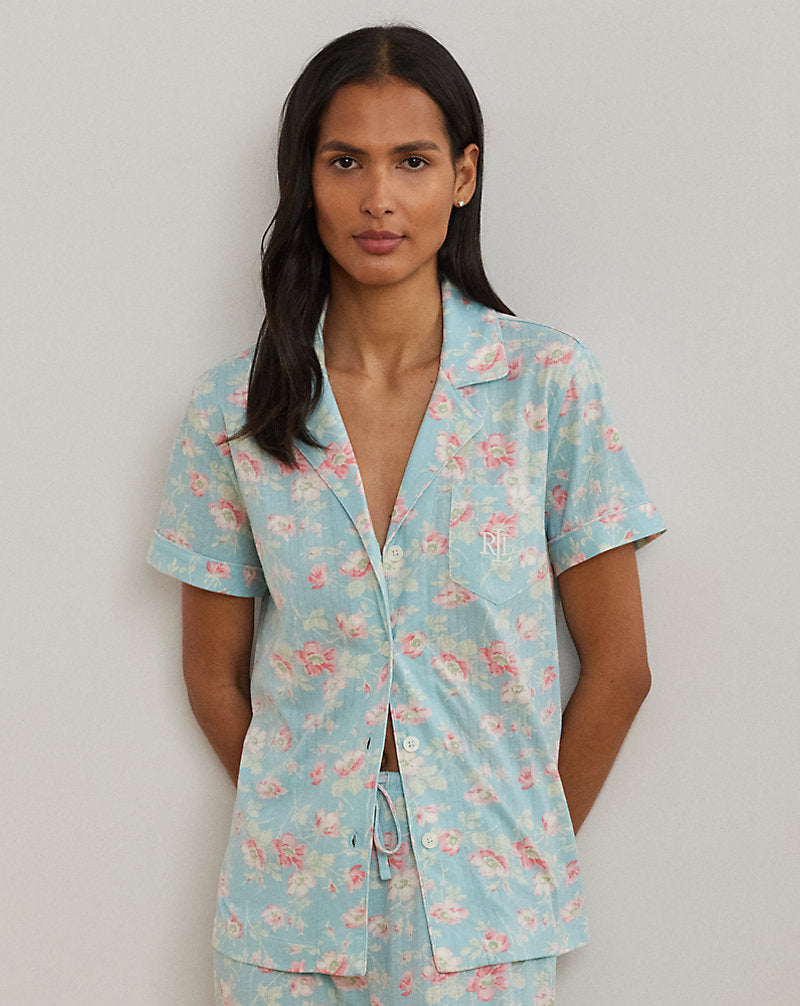 Floral Textured Knit Cropped Sleep Set Blue Floral