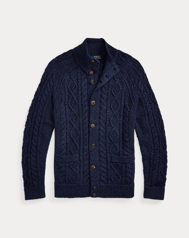 Aran-Knit Marled Cotton Cardigan Navy Combo