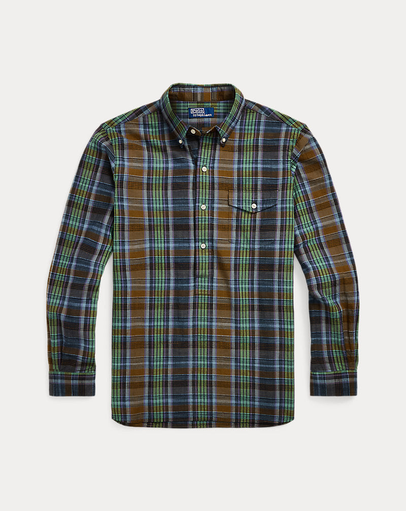 Classic Fit Madras Popover Shirt 6591 Navy Brown Multi