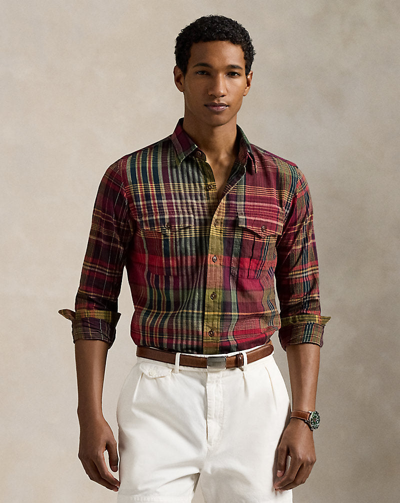 Classic Fit Plaid Madras Workshirt Red Yellow Multi