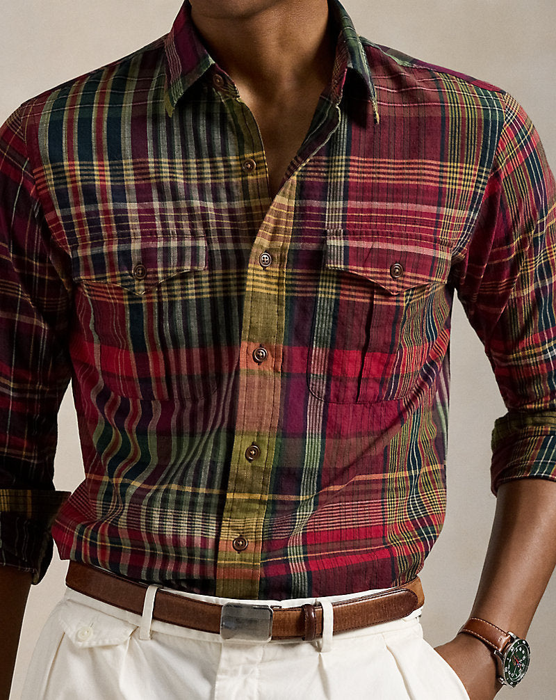Classic Fit Plaid Madras Workshirt Red Yellow Multi