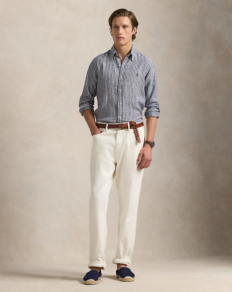 Custom Fit Striped Linen Shirt Newport Navy White