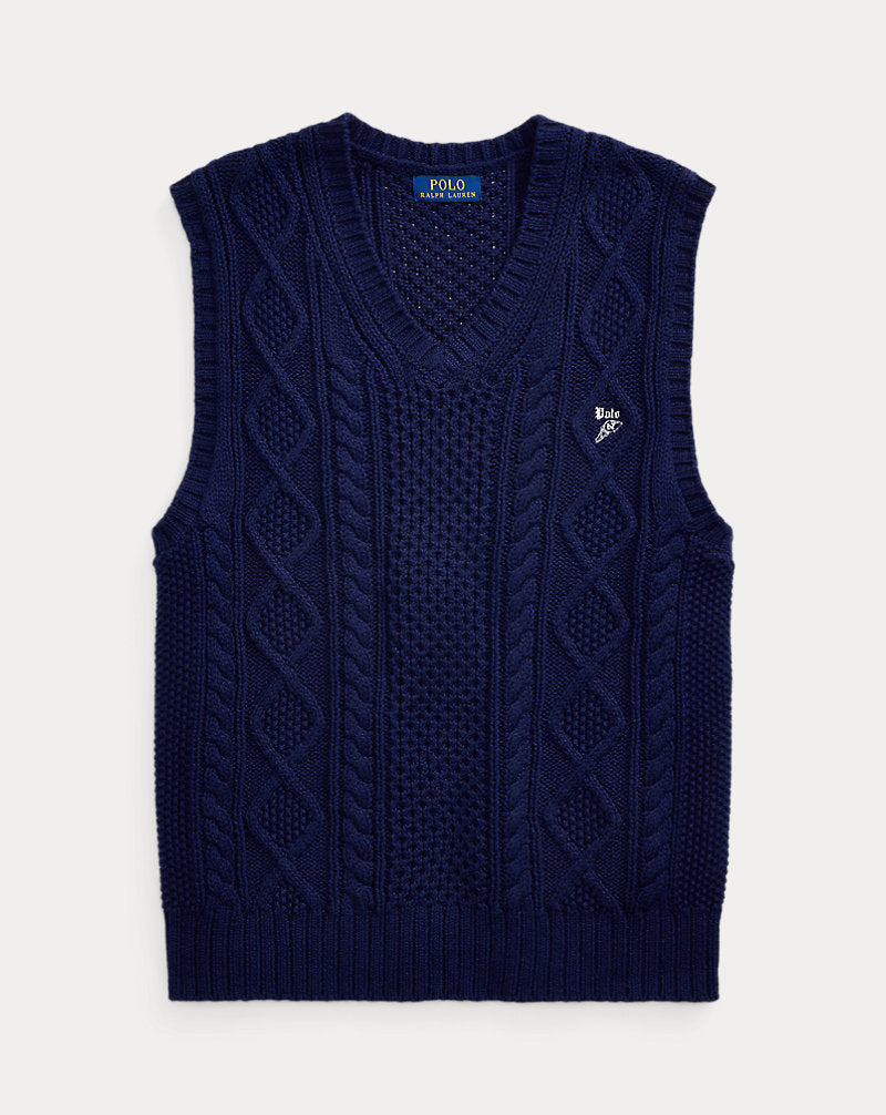Aran-Knit Cotton Sleeveless Jumper Bright Navy