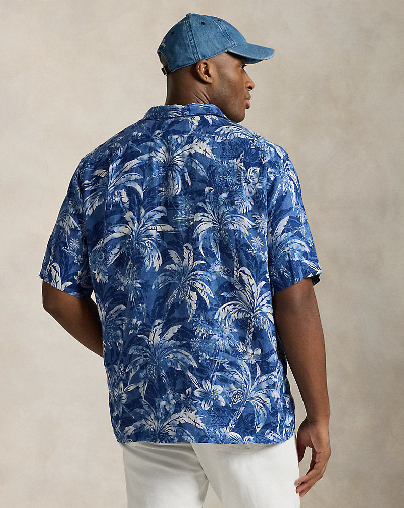 Tropical-Print Linen Camp Shirt Indigo Palm Shadow
