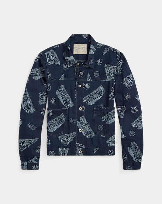 Indigo Railroad-Print Twill Jacket Indigo/White