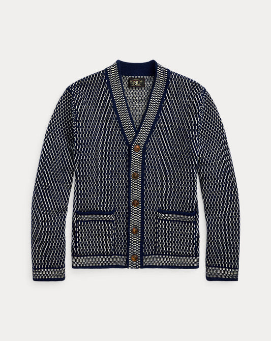 Indigo Cotton-Wool V-Neck Cardigan Navy/Cream