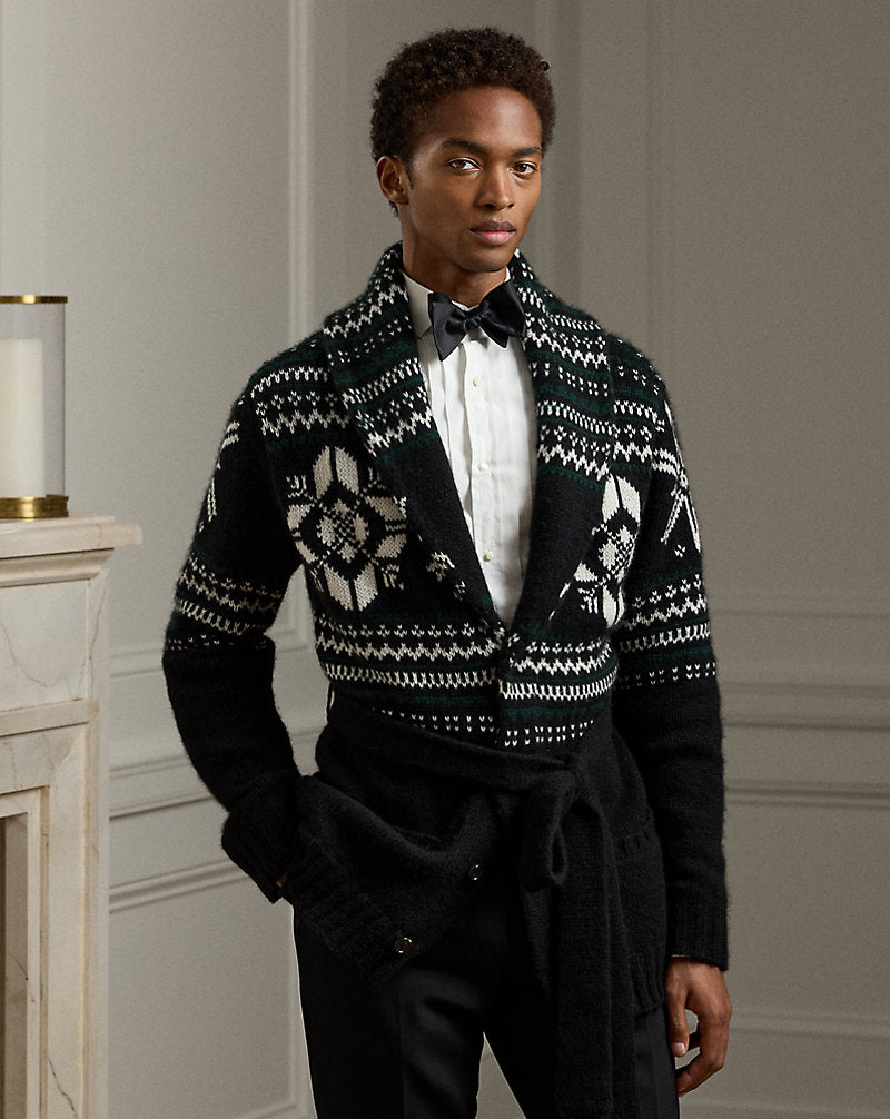 Hand-Knit Cashmere Shawl Cardigan Cls Blk W/Lux Crm&pine Gr