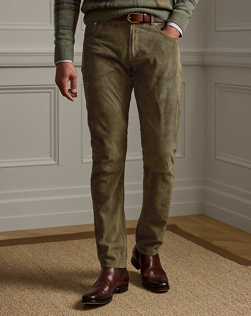 Hand-Tailored Suede Five-Pocket Trousers Thicket Moss